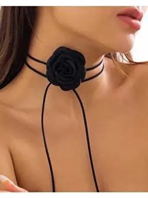 Kadın Siyah Saten Gül Choker Kolye