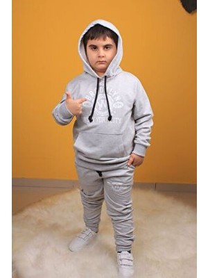 Gri Kapşonlu Çocuk  Baskılı Eşofman Takımı Unisex