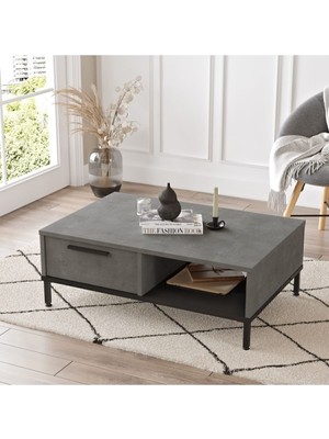 Arya Orta Sehpa Metal Ayaklı Çekmeceli Beton-Siyah