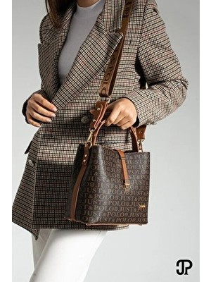 Kadın Kahve/taba Çok Bölmeli Baskılı El ve Omuz Çantası