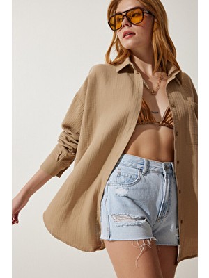 Kadın Bej Cepli Oversize Müslin Gömlek MX00150