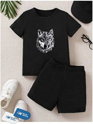 Erkek/kız Çocuk  ''kurt'' Baskılı Tişört-Şort Takımı