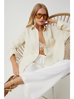 Kadın Açık Krem Oversize Basic Müslin Gömlek MX00150