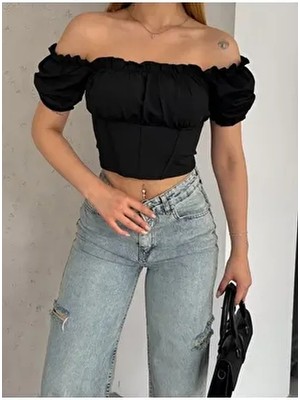 Qutta Kadın Siyah Crop Bluz Büzgülü Madonna Yaka Dalgıç Kumaş Straplez Kısa Kol L Beden