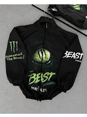 Belirtilmemiş Unisex Siyah Oversize Rüzgarlık Yağmurluk Paraşüt Kumaş Fermuarlı Dijital Baskılı Tasarım