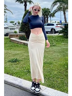 Bej Önden Büzgülü Midi Etek MG2084