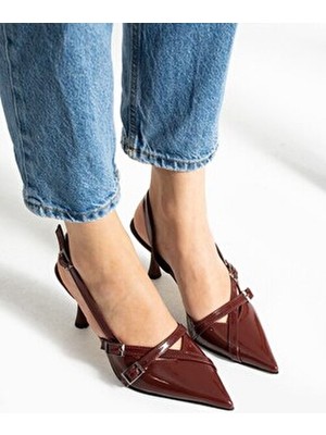 Harmin Shoes Çift Bantlı Toka Detaylı Bordo Rugan Kadın Topuklu Ayakkabı Nope