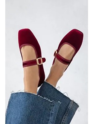 Straswans Carlisa Kadın Bordo Kadife Babet Suni Deri Tabanlı Günlük Kullanım İçin Şık Tasarım