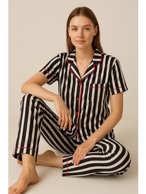 Kadın Pamuklu Siyah Çizgili Pijama Takımı