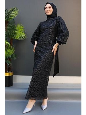 Giza Giyim Siyah Inci Tesettür Abiye Uzun Kol Polyester Düz Desenli Dik Yaka
