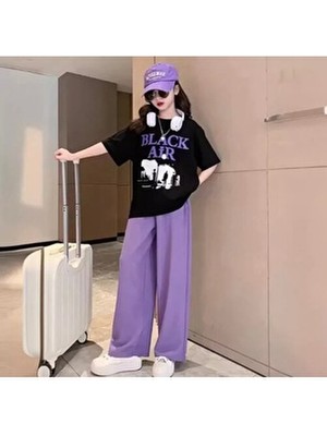 Özel Tasarım Black Air Baskılı Kısa Kollu Yazlık Ispanyol Paça Kız Çocuk Eşofman Takımı