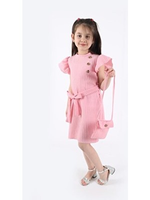 Aden Kids Kız Çocuk Pembe Fırfırlı Elbise ve Çanta Seti Günlük Stil Kalem Silüet Özel Olaylar İçin