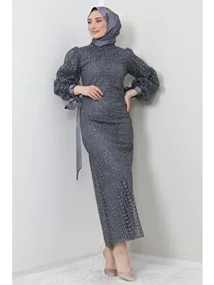 Giza Giyim Koyu Gri Inci Tesettür Abiye Dokuma Polyester Düz Desenli Uzun Kollu