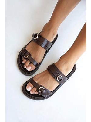 Straswans Sunday Kadın Kahverengi Toka Detay Suni Deri Konfor Terlik Günlük Kullanım İçin Tasarlandı