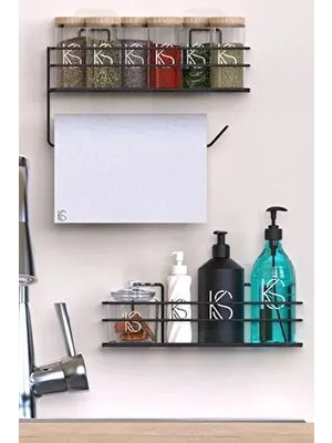 Yapışkanlı Mutfak Rafı Baharatlık 2li Metal Kağıt Havluluk Siyah  Standlı Şık Mutfak Raf Seti