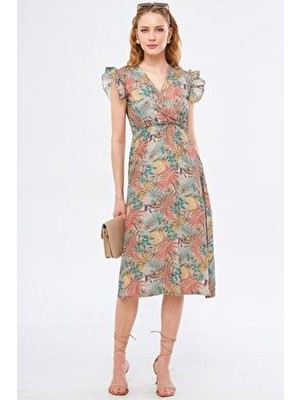 Kadın Bej Miden Elbise Kruvaze Yaka Omuzu Fırfır Detaylı Beli Lastikli Midi Boy ARM-24Y001020