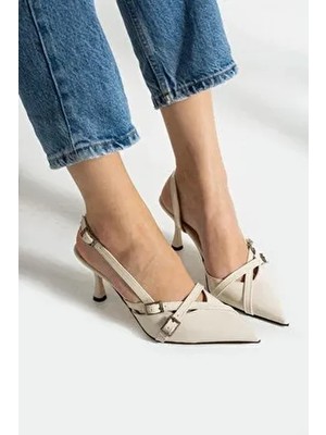 Nope Çift Bantlı Toka Detaylı Krem Rugan Kadın Topuklu Ayakkabı