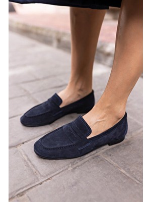 Angelina Jones Lacivert Gerçek Süet Loafer Babet Kadın Kauçuk Taban Düz Topuk