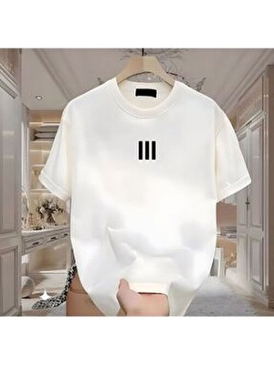 Bikombine Newon Beyaz Uzun Kol Erkek Tshirt Regular Fit Kumaş 3 Çizgi Baskılı Günlük Stil