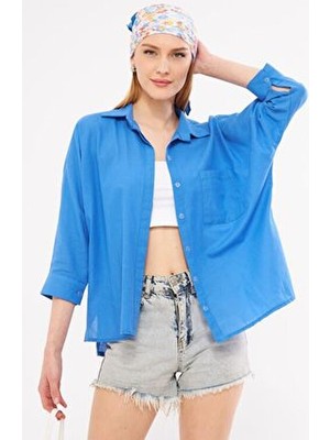 Kadın Havacı Mavi Cepli Salaş Keten Gömlek ARM-21Y001035