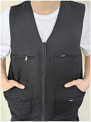 Yazlık-İlkbaharlık Erkek Avcı-İş Yeleği 4 Fermuarlı 2 Yandan Cepli Düz Desenli