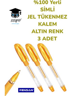 %100 Yerli  Simli Jel Tükenmez Kalem Altın Renk 3 Adet Pensan