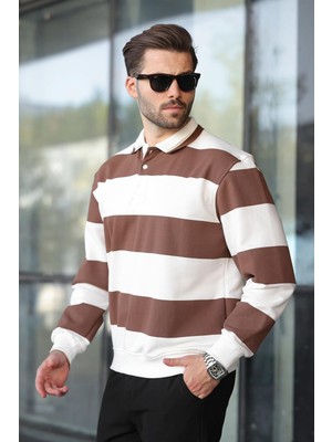 Kahverengi Çizgili Polo Yaka Erkek Kazak E7173