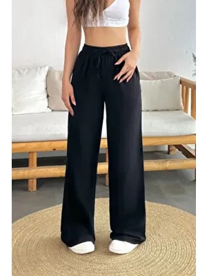 Kadın Keten Beli Lastik Bağlamalı Yüksek Bel Geniş Kesim Cepli Yazlık Pantolon