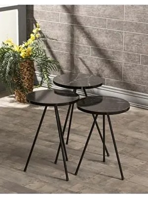 Gold Falez Klasik Tasarımlı Zigon Sehpa 3'lü Siyah Metal Ayak Bendir Yuvarlak Suntalam Malzeme ile Şık