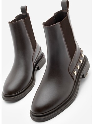 Marjin Kadın Altın Zımba Detaylı Çift Lastikli Günlük Bot Pamer Kahve