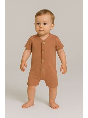 Kısa Kollu Tahta Düğmeli Organik Tulum Bebek Takım