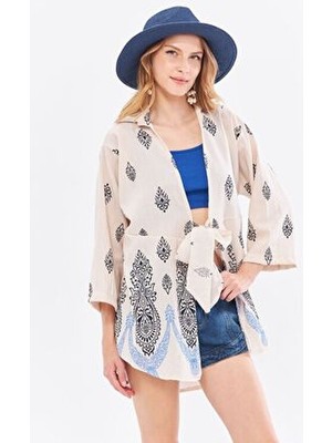 Kadın Koyu Lacivert Desenli Keten Görünümlü Eteği Sulu Önden Bağlamalı Kimono Gömlek ARM-24Y001092