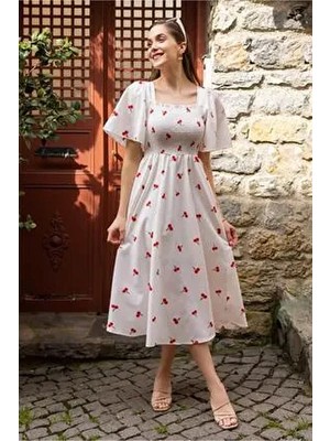 Belirtilmemiş Kadın Poplin Kumaş Gipeli Kare Yaka Uzun Elbise Günlük Stil Düz Desenli Kloş Silüet