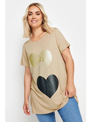 Büyük Beden Bisiklet Yaka Kısa Kollu Parıltılı Baskılı T-Shirt 302277