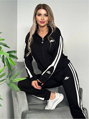 Kadın Ikili Eşofman Takımı Fermuarlı Alt Üst Eşofman Takımı Nakışlı 2 Iplik Likra