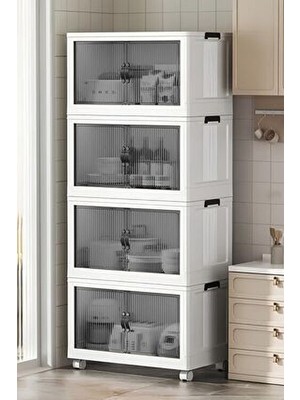 4'lü Portatif Organizer Tekerlekli Dolap ”beyaz” Çok Amaçlı Mıknatıs Kapaklı Katlanır Istiflenebilir