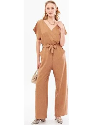 Kadın Taba Kruvaze Yaka Sırtı V Detaylı Cepli Kuşaklı Bol Paça Tulum ARM-24Y001073