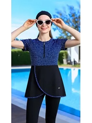 Kadın Kısa Kollu Yarı Kapalı Tesettür Mayo Taytlı Boneli Takım Short Arm Swimsuit