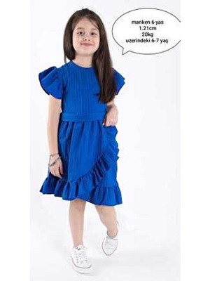 Aden Kids Sax Mavisi Kız Çocuk Yazlık Fırfırlı Elbise Slim Fit Parti Stilinde Şık Kıyafet (2-12 Yaş)