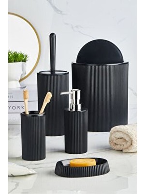 5 Parça Lüx Banyo Seti - Dekoratif Yuvarlak Pratik Kapak Çöp Kovası Diş Fırçalık Sabunluk Fırça Seti