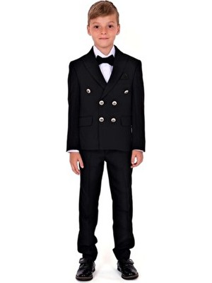 Mnk Baby & Kids Siyah Erkek Çocuk Takım Elbise MNK5689 Ceket Yaka Düz Desenli Italyan Kesim