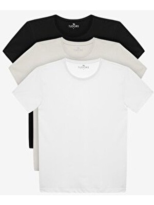 Unisex 3'lü Paket Siyah-Beyaz-Taş Rengi Slim Fit Dar Kesim %100 Pamuk Bisiklet Yaka Tişört