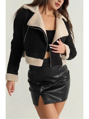 Içi Kürklü Dışı Süet Kısa Kaban Siyah T1186