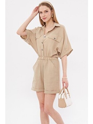 Kadın Bej Yarasa Kol Cepli Beli Lastikli Şortlu Tulum ARM-23Y001075