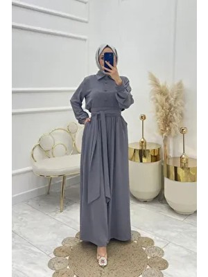 Neşeli Butik Kadın Kuşaklı Gömlek Yaka Salaş Tesettür Tulum Gri Pamuk Materyal Uzun Kol Oversize Kesim