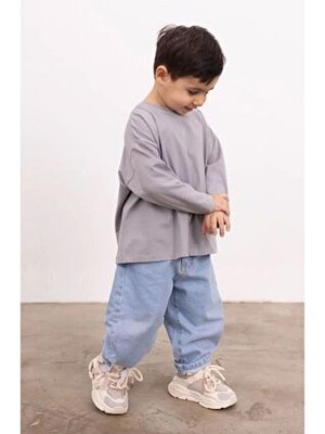 Unisex Çocuk Oversize Denim Pantolon Orta Kalınlıkta Geniş Paça Siyah Dokuma Kumaş