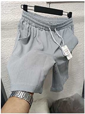 Insane Minds Keten Şort Beli Lastikli Gri %100 Keten Regular Fit Günlük Kullanım İçin Rahat Kesim