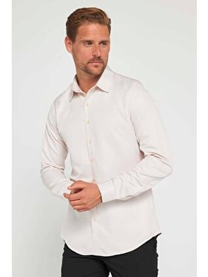 Slim Fit Uzun Kollu Kolay Ütü Teri Emen Nefes Alan Doku Kravatlık Dört Mevsim Taş Renk Erkek Gömlek