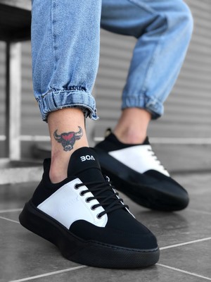 ET0163 Bağcıklı Erkek Yüksek Taban Siyah Beyaz Spor Ayakkabı