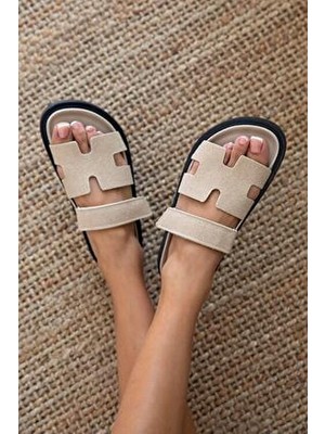 Straswans Palmeira Kadın Cırt Bantlı Süet Terlik Bej Suni Deri Günlük Kullanım İçin Rahat Tasarım